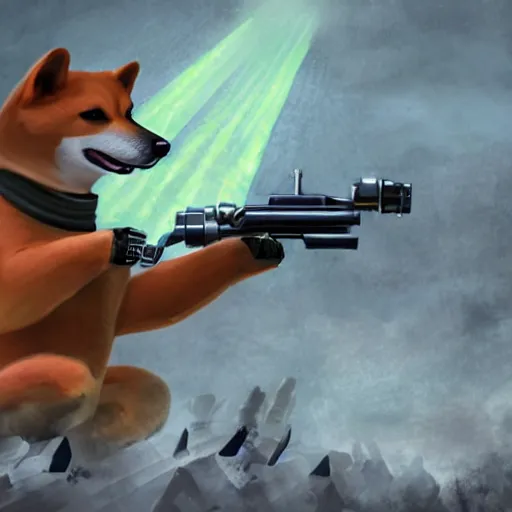 Image similar to anthropomorphic shiba inu on hill, wearing warhammer 4 0 k black exoskeleton power armor without helmet, holding sci - fi laser gatling gun, post apocalyptic foggy graveyard background