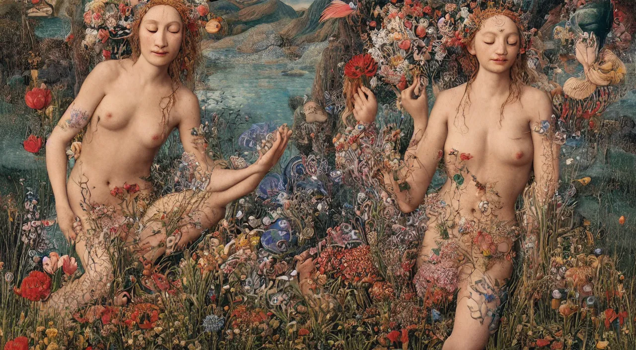 Image similar to a meditating druid mermaid surrounded by flowers. her skin is covered in scales and feathers. landscape with mountains, river and burning stars. painted by jan van eyck, max ernst and ernst haeckel, trending on artstation, 8 k, award winning, hard lighting, fashion editorial, mythology, photorealistic, ernst fuchs, bodhisattva