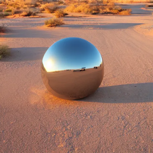 Image similar to a large metallic ball with a mirror finish sits in the arizona desert