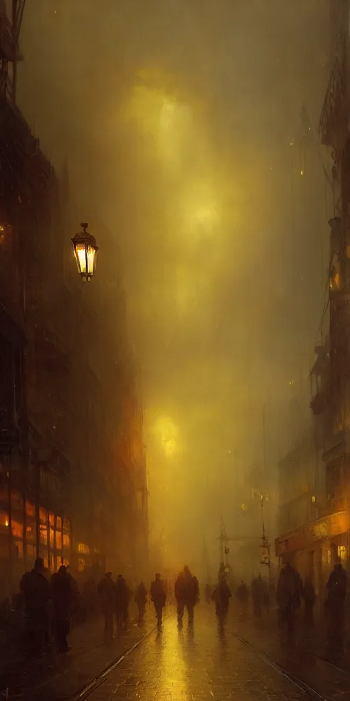 Image similar to a street of a city in 1 9 4 0 with yellow light on from the windows during the night, a men stand up under a light, steam punk, mystical red fog, oil on canvas, art by andreas achenbach, clemens ascher, tom bagshaw and sabbas apterus,