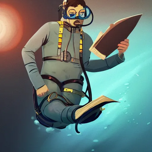 Image similar to man with a vintage diving suit reading a book underwater with sharks around him in the style of makoto shinkai, digital painting, good composition, godrays, trending on art station, high detail