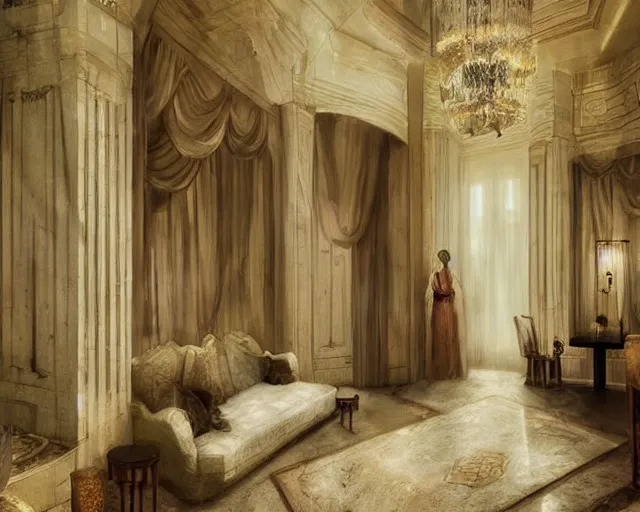 Prompt: a 5 star hotel suite room in the style of renaissance florence, art by greg rutkowski and artgerma, stunning concept art, interior design