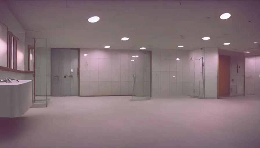 Prompt: 70s movie still of a empty very large bathroom, cinestill 800t Technicolor, heavy grain, high quality, criterion collection, liminal space style