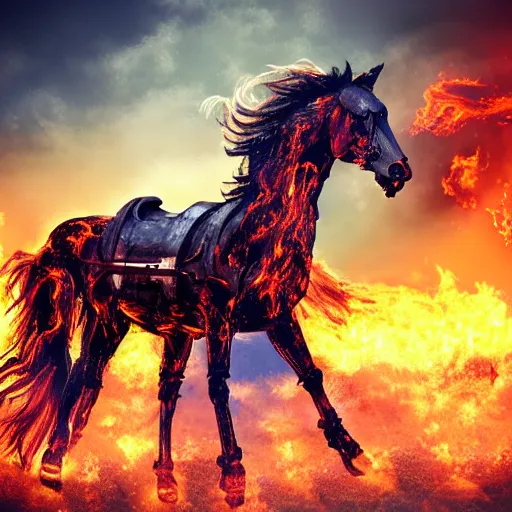 Image similar to robotic cyborg horse with cowboy hat and fiery mane, post-apocalyptic burning background, portrait