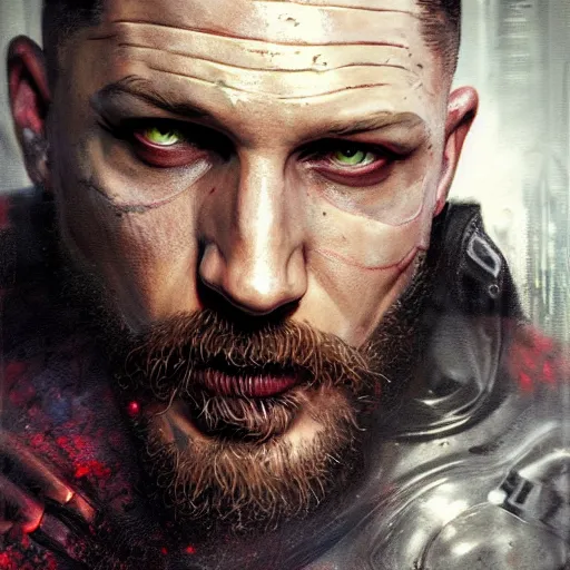 Image similar to tom hardy, cyborg, implant, hacker, cyberpunk, painted by seb mckinnon, high detail, dramatic light, digital art, painted by greg rutkowski, promotional movie posterart, trending on artstation