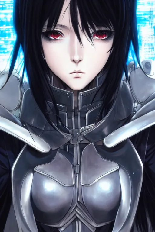 Image similar to portrait Anime girl in cyberpunk trinity blood armor, cute-fine-face, black-hair pretty face, realistic shaded Perfect face, fine details. Anime. realistic shaded lighting by Ilya Kuvshinov katsuhiro otomo ghost-in-the-shell, magali villeneuve, artgerm, rutkowski, WLOP Jeremy Lipkin and Giuseppe Dangelico Pino and Michael Garmash and Rob Rey and Yoshitaka Amano and Thores Shibamoto