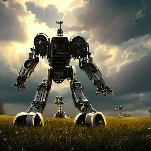 Image similar to A giant stainless steel mech robot in a field, beautiful, cool dynamic lighting, atmospheric, cinematic, highly detailed digital art, painted by Scott Musgrove
