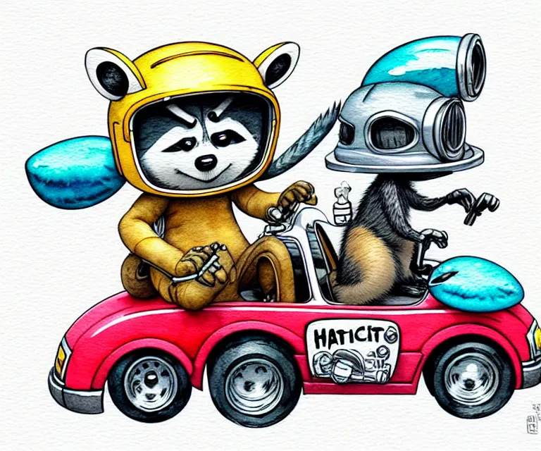 Image similar to cute and funny, racoon wearing a helmet riding in a tiny hot rod with oversized engine, ratfink style by ed roth, centered award winning watercolor pen illustration, isometric illustration by chihiro iwasaki, edited by range murata, tiny details by artgerm and watercolor girl, symmetrically isometrically centered