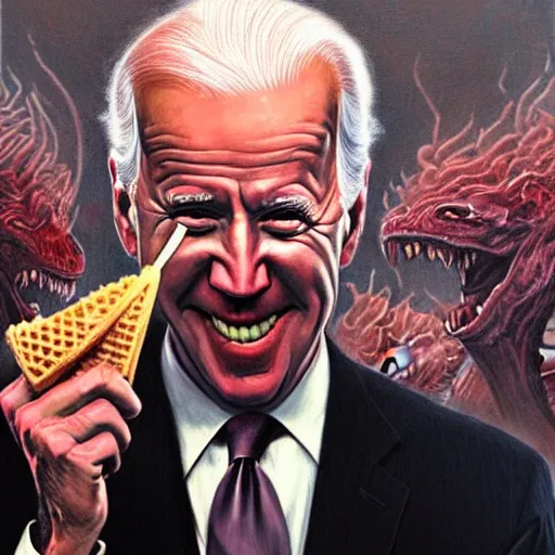 Image similar to epic Joe Biden eating a waffle cone in pandemonium, demons and souls, portrait, art by Wayne Barlowe, oil on canvas