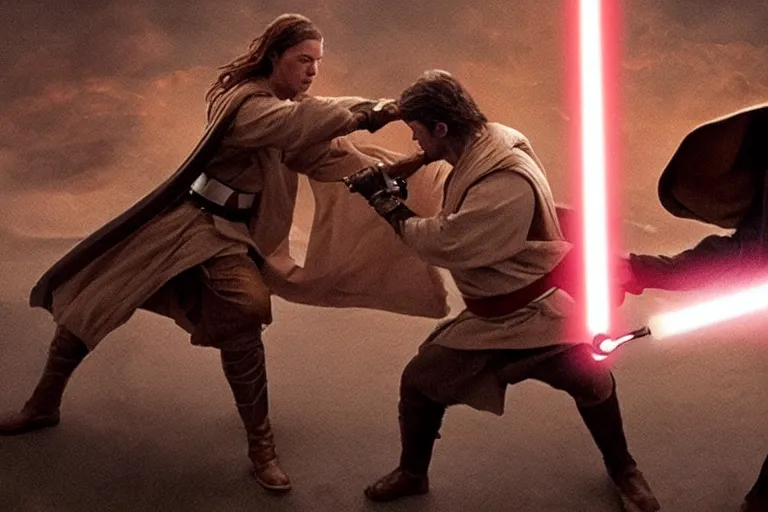 Prompt: an epic fight scene between a jedi and a sith