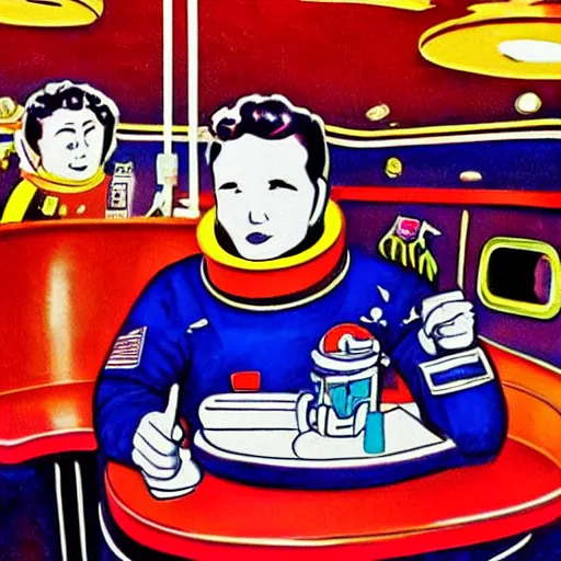 Prompt: astronaut in space suit sitting in a 1950s diner, in the style of Chesley Bonestall, red purple black colors,