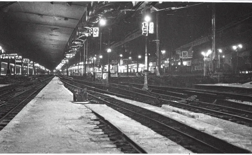 Image similar to old photo from 1 9 5 9. very large giant mutant antropomorphic rat staying on railways in round tonnel of moscow metropolitan. extreme high detail. low light, scary atmosphere, darkness