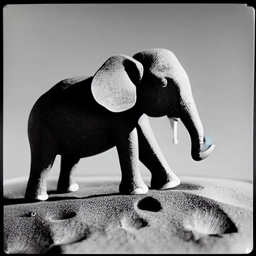 Prompt: extremely detailed black and white polaroid picture by john l. gaunt of a little elephant standing on the moon's surface