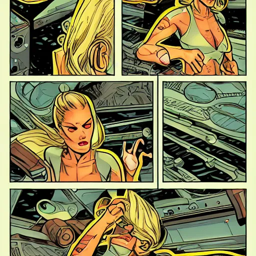 Image similar to comic book page of retrofuture tattooed stoic heroic emotionless dirty butch blonde woman engineer with very short messy dirty hair, full body, fighting in an alien arena, tentacles, rough paper, sci fi, behance hd