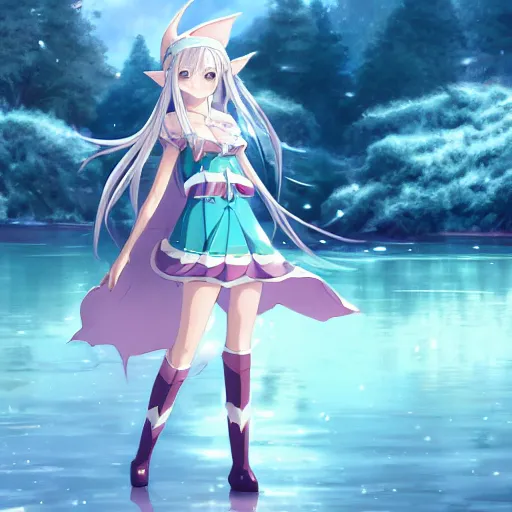 Image similar to a very beautiful anime elf girl, full body, long straight silver hair, smile, sky blue eyes, full round face, short smile, casual clothes, ice snowy lake setting, cinematic lightning, medium shot, mid-shot, highly detailed, trending on Artstation, Unreal Engine 4k, cinematic wallpaper by Stanley Artgerm Lau, WLOP, Rossdraws, James Jean, Andrei Riabovitchev, Marc Simonetti, and Sakimichan