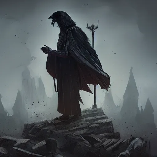 Prompt: wizard from middle age using magic, middle age throne room, dramatic lighting, crow watching, cinematic, establishing shot, extremly high detail, photorealistic, cinematic lighting, post processed, concept art, artstation, matte painting, style by greg rutkowsky