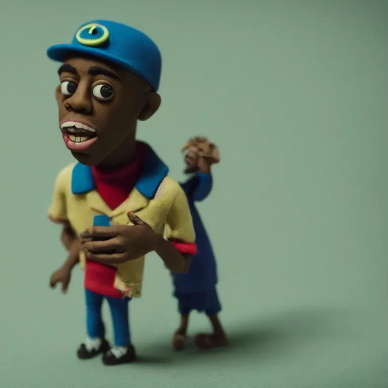 Image similar to a cinematic film still of a claymation stop motion film starring tyler the creator, shallow depth of field, 8 0 mm, f 1. 8