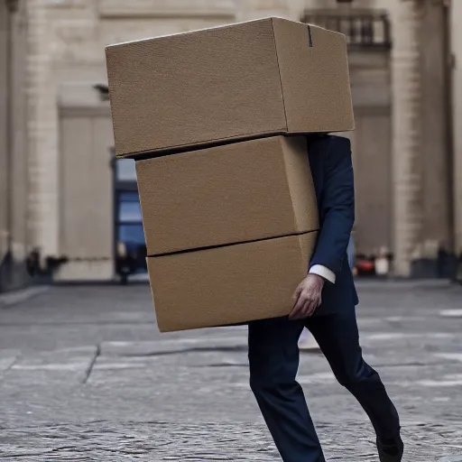 Prompt: photography, emmanuel macron carrying a box, relocation, ultra realistic, concept art, intricate details, highly detailed, photorealistic