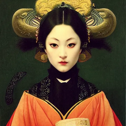 Image similar to front symmetric face of asian megane fox in japanese costume, victorian head dress, by jan van eyck, tom bagshaw, jean delville, william bouguereau, albrecht durer, symbolist painting, mysterious mood