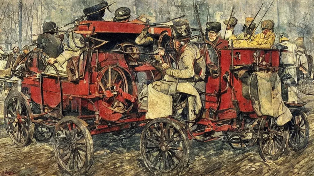 Image similar to russian revolution diesel - powered 1 9 1 0, painting by carl larsson