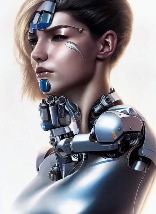 Image similar to portrait of a cyborg woman who turns her head to the (((((right+20))))) left+350 (((((up))))) (((((down))))) by Artgerm,eyes closed , biomechanical, hyper detailled, trending on artstation