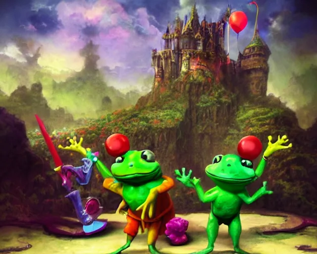 Prompt: The Clown Frog King looks down from the clown castle at a furious battle below, king pepe with rainbow wig, painting by Frank Frazetta, 3D render by Beeple