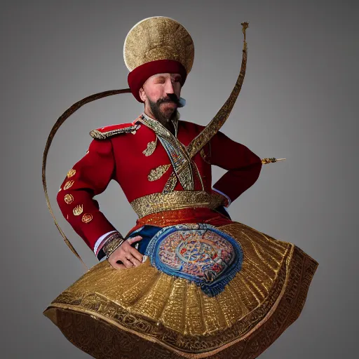 Image similar to cossack dancing on the turban of an ottoman sultan, realism, 4 k, octane render, award winning photograph