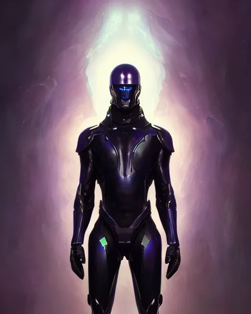 Image similar to character art of iridescent sinewy smooth muscular male sleek glossy indigo black pearlescent scifi armor with smooth black featureless helmet, by greg rutkowski, mark brookes, jim burns, tom bagshaw, magali villeneuve, trending on artstation