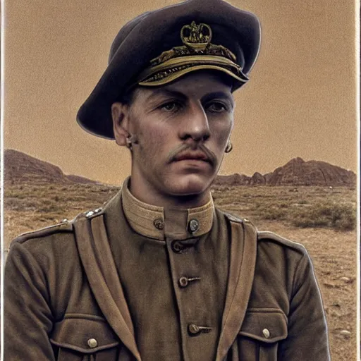 Image similar to a detailed photorealistic sepia - toned color portrait painting of a 1 9 1 7 worried clean - shaven british lieutenant in detailed field gear wearing a finely - detailed pith helmet in wadi rum, ultra realistic, intricate details, lovecraft, atmospheric, dark, horror, brooding, highly detailed, by clyde caldwell