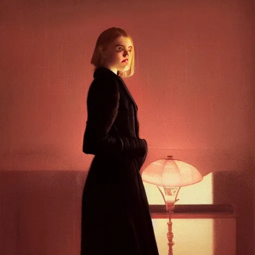 Prompt: Elle Fanning portrait at night in the world of Edward Hopper, stormy weather outside, extremely detailed masterpiece, oil on canvas, low-key neon lighting, artstation, Blade Runner 2049, Roger Deakin’s cinematography, by J. C. Leyendecker and Peter Paul Rubens,