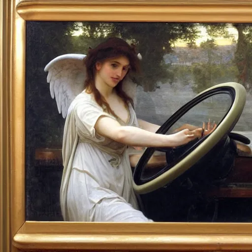 Prompt: an oil painting of an angel driving a car ordering in a drive through, interior view, by Bouguereau, highly realistic and intricate