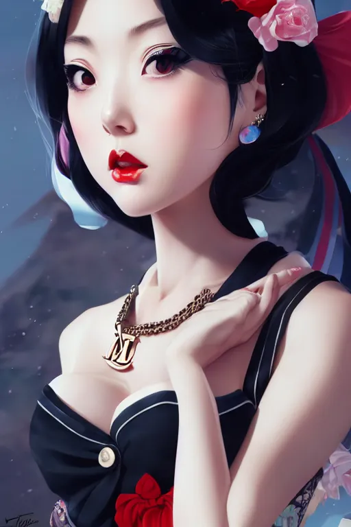 Image similar to a pin up and beautiful fashion dreamlke japan girl with lv jewelry, character art, art by artgerm and wlop and and ilya kuvshinov, hyperdetailed, 8 k realistic, symmetrical, frostbite 3 engine, cryengine, dof, trending on artstation, digital art, chanel, dior, fantasy background