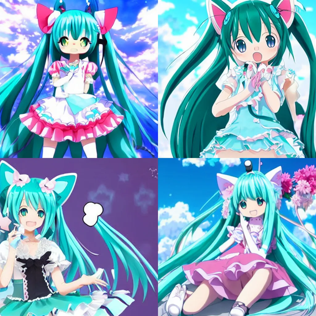 Prompt: a anime cat girl Hatsune Miku wearing a cute frilly dress taking care her toenails, anime key visual