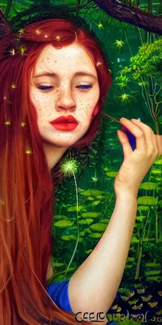Image similar to young woman, smiling, amazed by golden fireflies lights, sitting in the midst of nature fully covered, long loose red hair, intricate linework, green eyes, small nose with freckles, oval shape face, realistic, expressive emotions, dramatic lights, spiritual scene, hyper realistic ultrafine art by cecco del caravaggio and albert bierstadt and artgerm