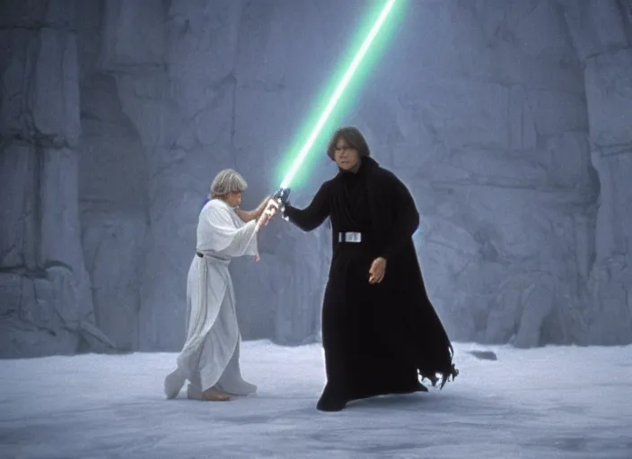 Image similar to epic still of Luke Skywalker using lightsaber against white robe female sith lord in foggy environment, approaching an ancient temple in the distance, iconic scene from the 1980s film directed by Stanley Kubrick, cinematic lighting, kodak film stock, strange, hyper real, stunning moody cinematography, with anamorphic lenses, crisp, detailed portrait, 4k image