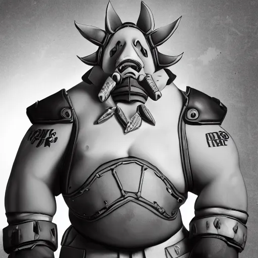 Image similar to full body shot of roadhog from overwatch as a real, imposing person. photograph, black and white