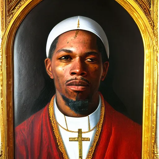 Image similar to portrait of the holy father, fetty wap, religious, oil on canvas by william sidney mount, trending on artstation,