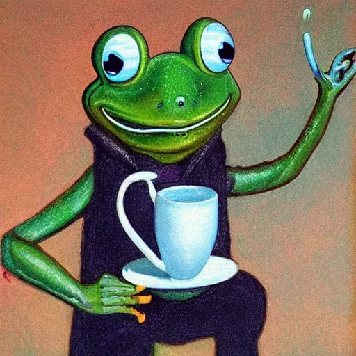 Image similar to mr 🐸 drinking ☕ by james gurney