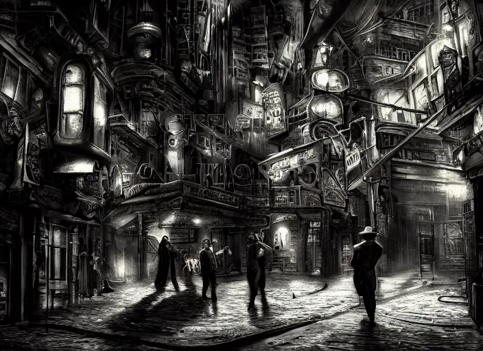 Image similar to people arguing in a film noir steampunk alley, psychedelic, fine texture, detailed, dramatic lighting, dark, neon