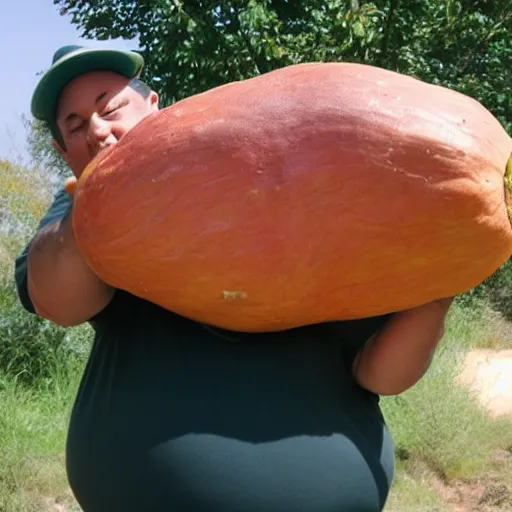 Image similar to fat man holding the worlds largest yam