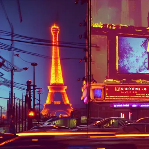 Image similar to A beautiful intricate 8K award-winning ground-level cinematic movie photograph of the future destroyed and decaying Eiffel Tower made of neon, surrounded by broken corporate video billboard displays. in the year 2050, by Bruno Delbonnel and greg rutkowski. Arri Alexa 65, IMAX 70mm footage. Dirty billboards. Cinematic lighting