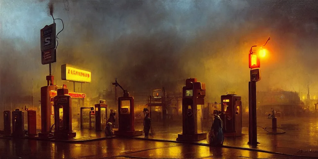 Image similar to a gas station in 1 9 4 0 with yellow and red light in the middle of the night, a men stand up next to the pump, mystical blue fog, oil on canvas, art by andreas achenbach, clemens ascher, tom bagshaw and sabbas apterus,