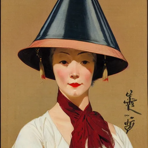 Prompt: frontal portrait of a woman wearing an asian conical hat, by j. c. leyendecker
