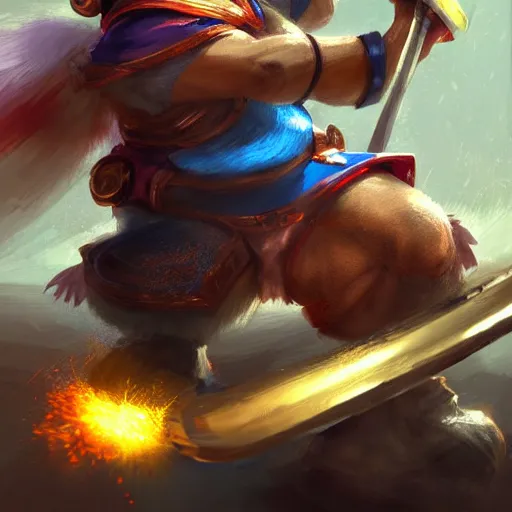 Image similar to king dedede holding his hammer. league of legends character art. digital illustration. hyper realistic. high quality. high resolution. 4 k. dynamic lighting. highly detailed. trending on artstation. ruan jia, wlop. scifi, fantasy, magic the gathering, hyper detailed, octane render, concept art, peter mohrbacher.