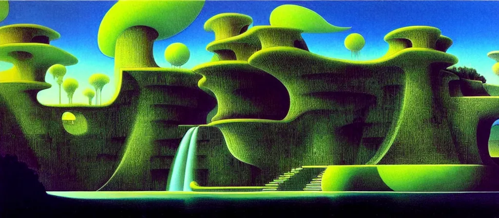 Image similar to huge gargantuan angular dimension of infinite liminal spaces, buildings by escher and ricardo bofill. utopian landscape by roger dean. magical realism, surrealism, waterfalls, clouds, mallsoft, vaporwave, shot from below, epic scale