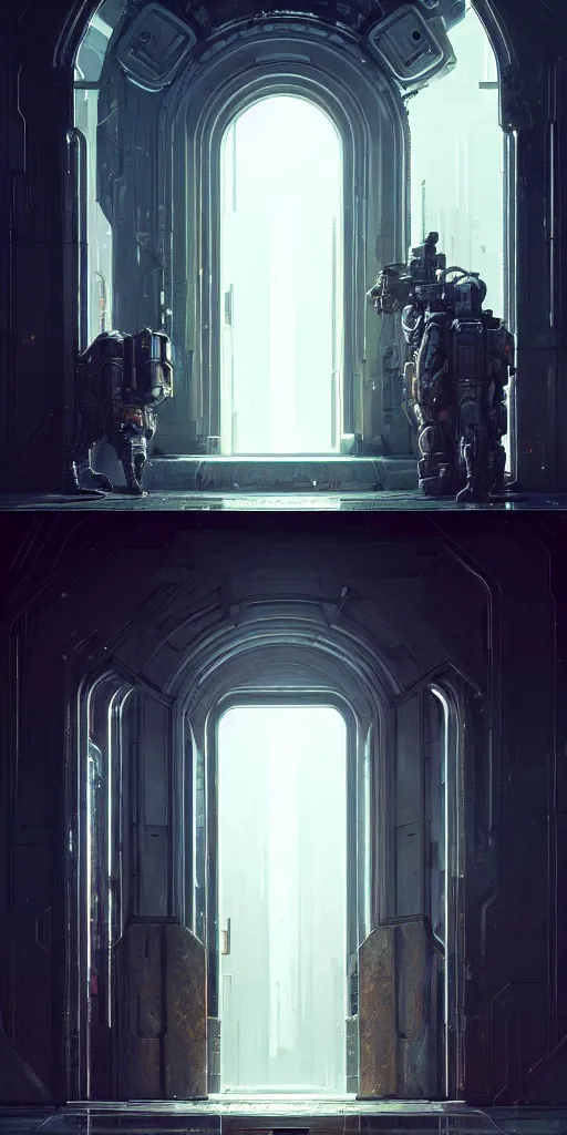 Prompt: hyper realistic well - lit ornate sci - fi double door by maciej kuciara, darek zabrocki