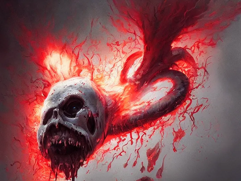 Image similar to painting by greg rutkowski of a flying human head with tears running down it's face face that is chalk white in color, with white!! tentacles coming down through the neck, fiery scorching red eyes, flying in a terrying hell like cavernous place