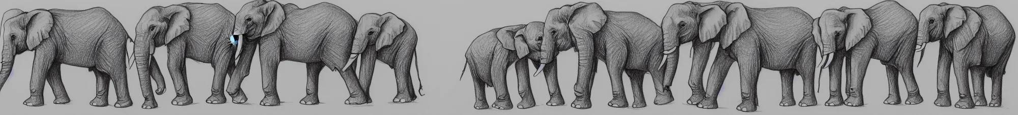 Prompt: a drawing of a single file line of elephants holding each other's tails touching trunks touching tails