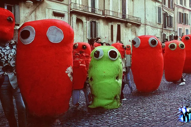 Image similar to colourful creepy umibozu monsters parading the streets of Rome, 1980 photograph, photo real