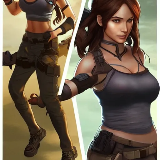 Prompt: concept art illustration of young christina hendricks natalie portman as lara croft anime protagonist, art by artgerm and rosstran